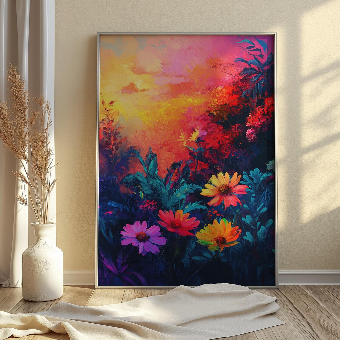 Wildflowers At Fiery Sunset Dramatic Pink Sky Colorful Floral Landscape Poster - Image 4