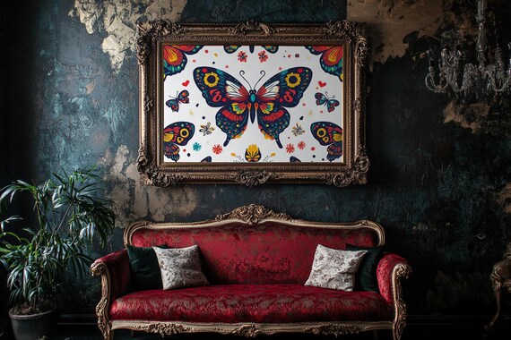Folk Art Butterfly Collage Hearts Flowers Mexican Style Poster