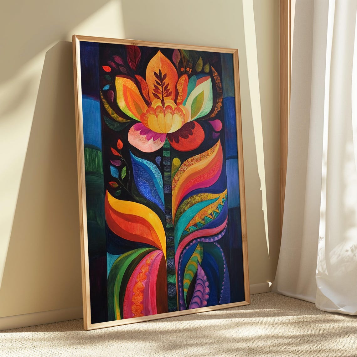 Ornate Folk Bouquet Dark Background Symmetrical Floral Art Poster - Image 5