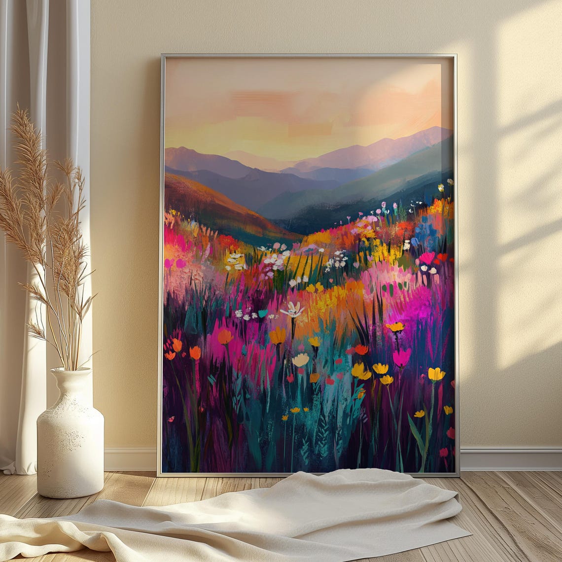 Colorful Wildflower Meadow Mountains Sunrise Landscape Painting Poster - Image 4
