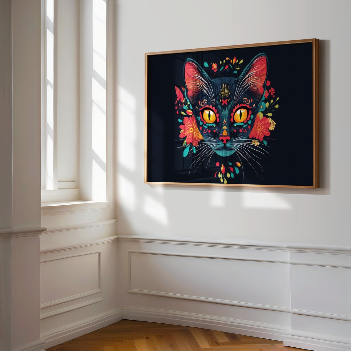 Symmetrical Black Cat Face Red Teal Floral Day of Dead Style Wall Art - Image 3
