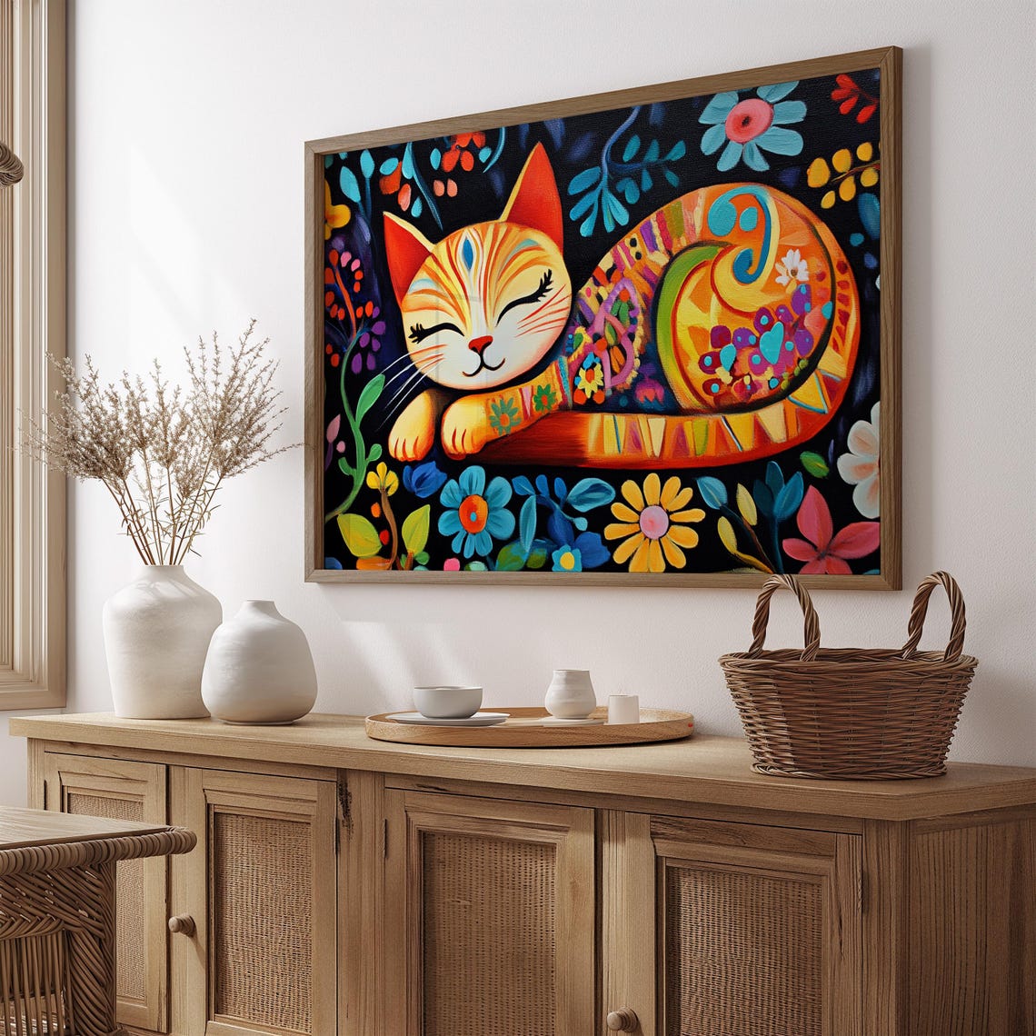 Ginger Cat Sleeping Floral Night Garden Patterned Coat Cozy Art Poster