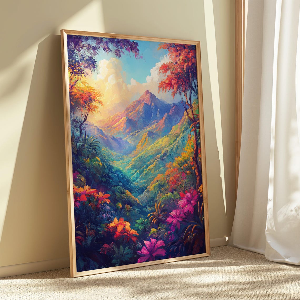 Lush Tropical Jungle Valley Mountain View Colorful Art Print - Image 5