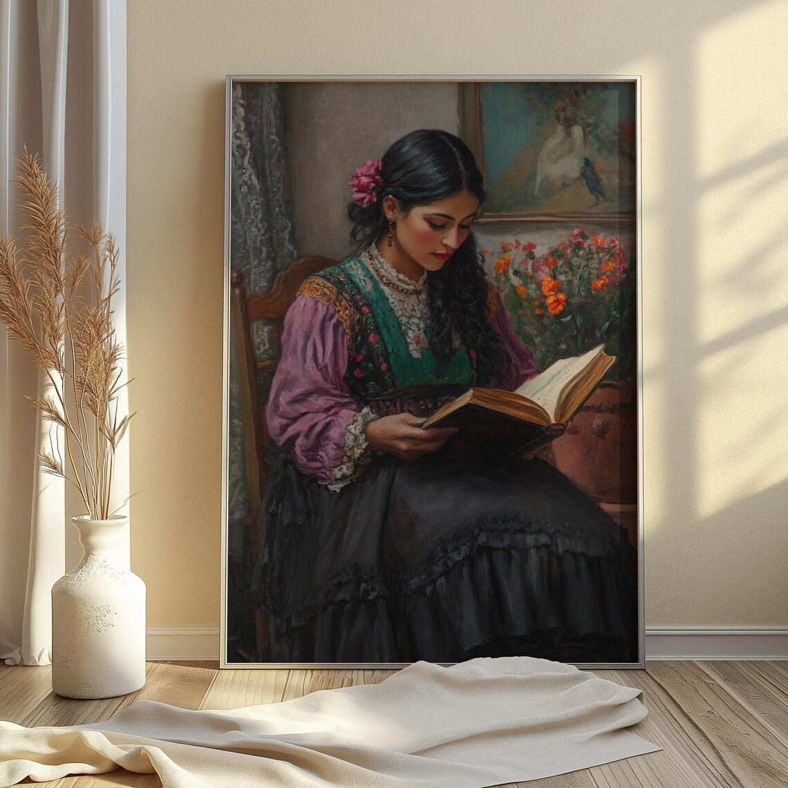 Traditional Mexican Dress Woman Reading Book Pink Flower Interior Poster - Image 2