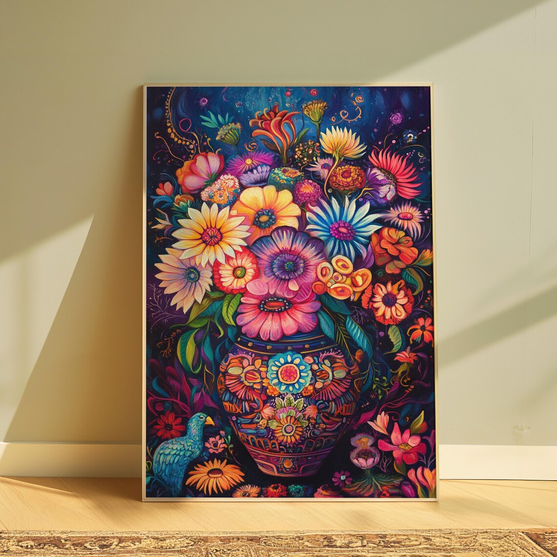 Moody Mexican Folk Art Pink Purple Floral Bouquet With Bird Wall Print