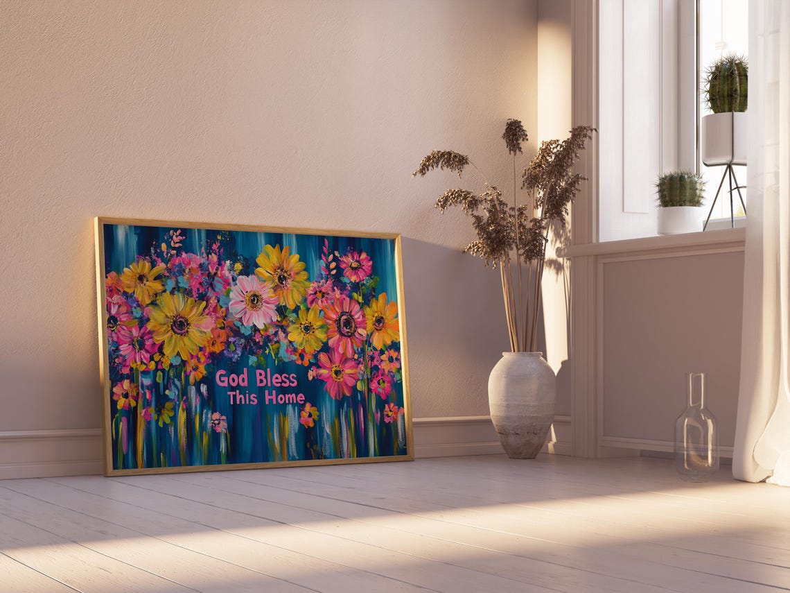 God Bless This Home Yellow Daisy Blue Drip Paint Floral Poster - Image 2
