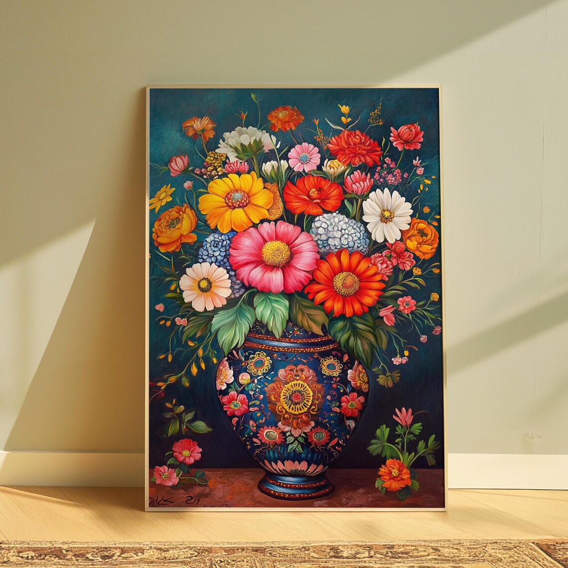 Multicolor Zinnia Garden Bouquet Ornate Blue Mexican Vase Teal Poster