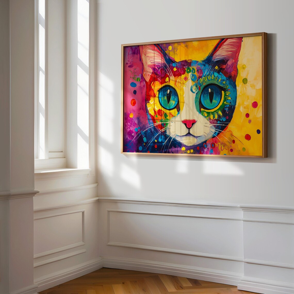Boho Folk Art Cat Face Big Teal Eyes Flower Patterns Colorful Cat Poster - Image 3