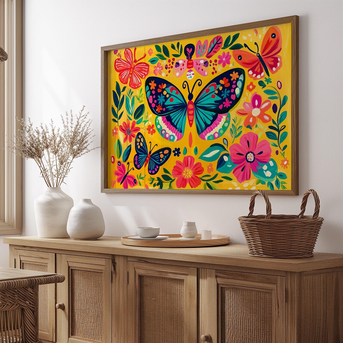Sunny Yellow Butterfly Garden Print Teal Red Folk Wings Wall Art