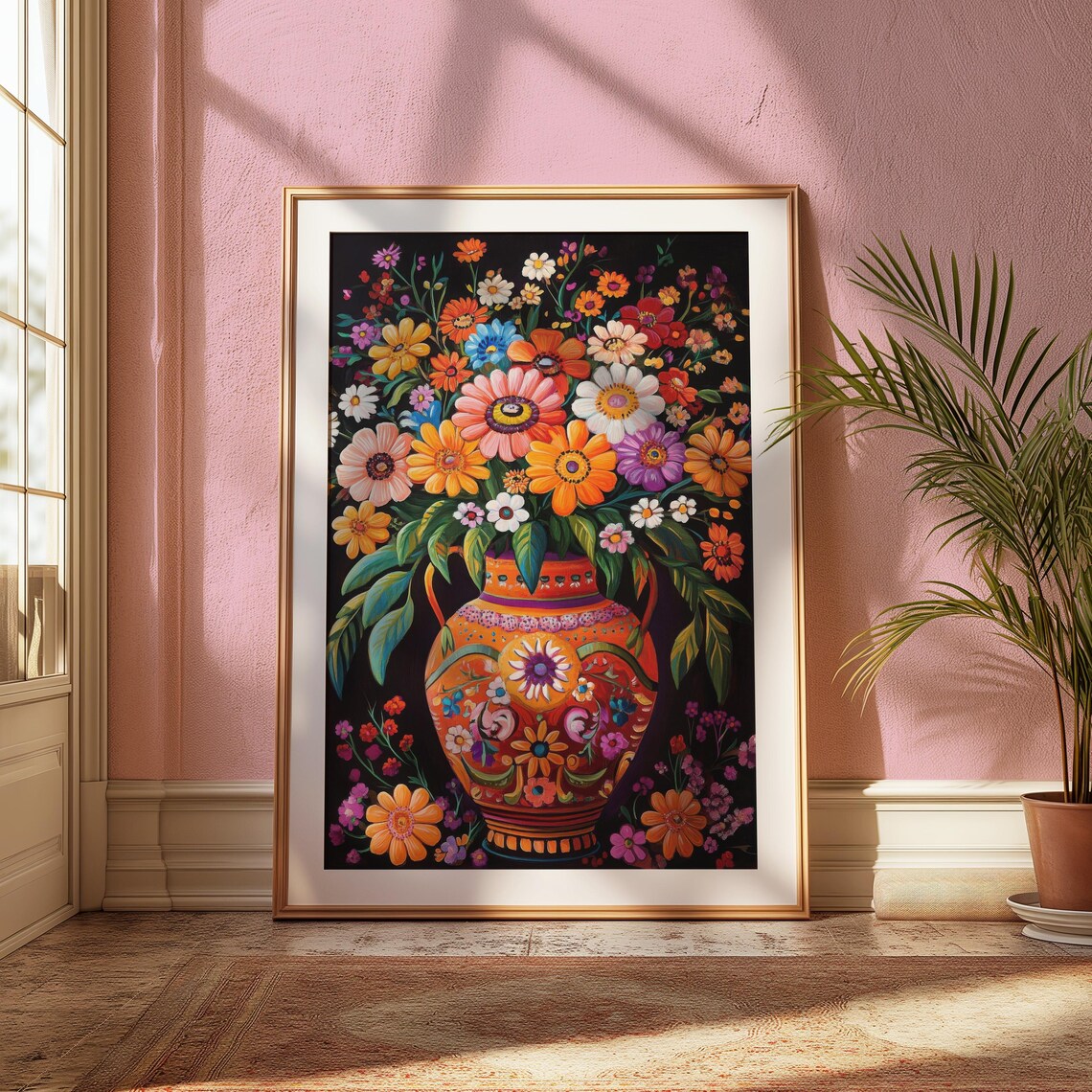 Folk Art Wildflower Bouquet Orange Mexican Vase Black Floral Wall Art - Image 2