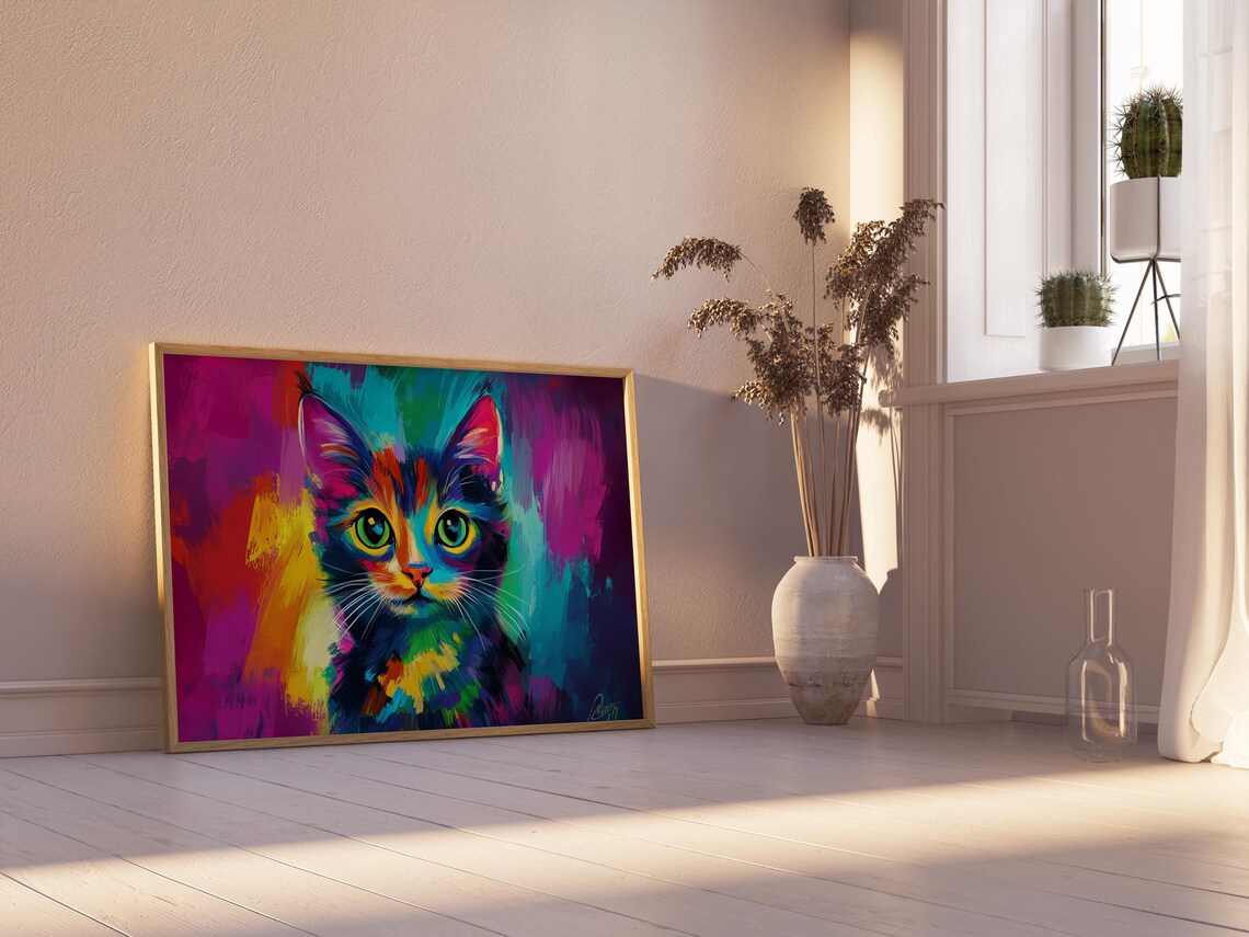 Rainbow Painted Cat Face Colorful Modern Pop Art Kitten Portrait Poster - Image 2