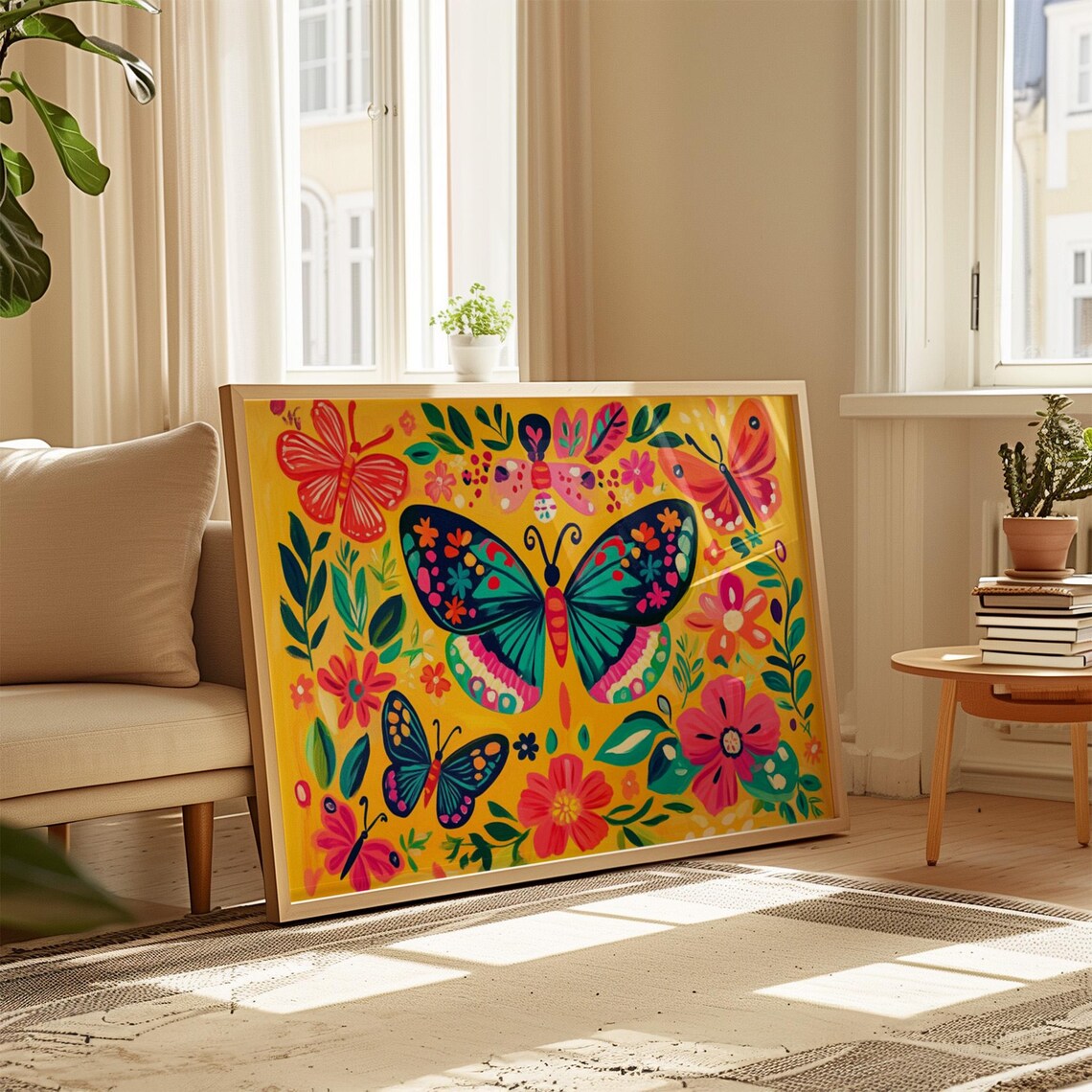 Sunny Yellow Butterfly Garden Print Teal Red Folk Wings Wall Art - Image 4