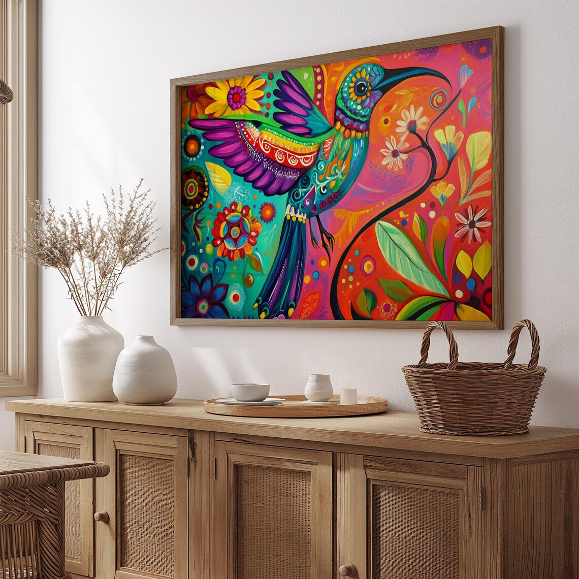 Hummingbird Folk Art Purple Wings Pink Orange Floral Scene Poster