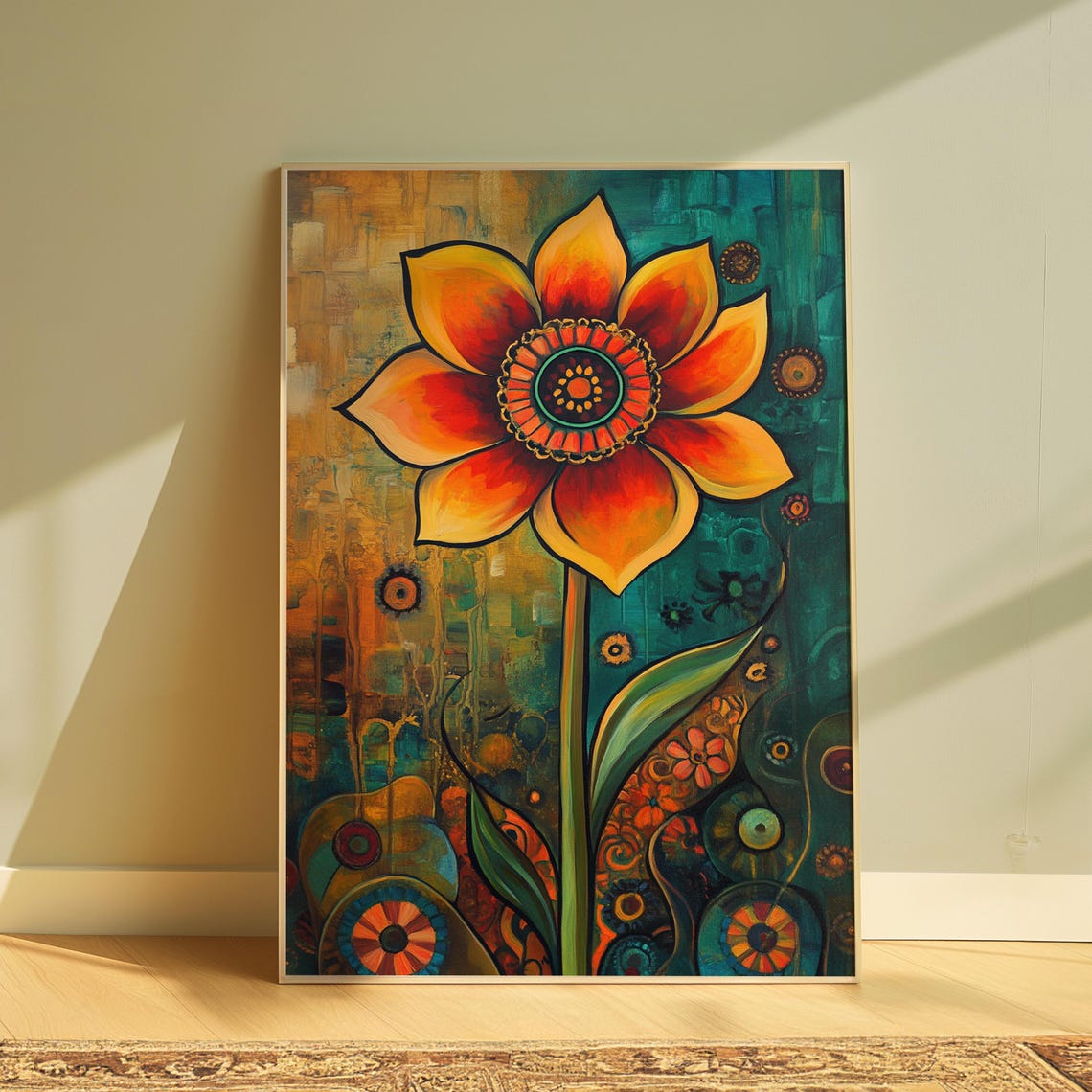 Orange Folk Flower Beaded Center Gold Teal Floral Art Poster