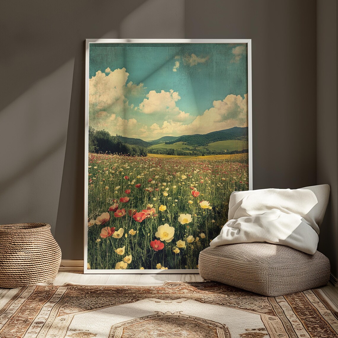 Wildflower Meadow Red Yellow Poppies Forested Hills Teal Sky Art Poster - Image 3