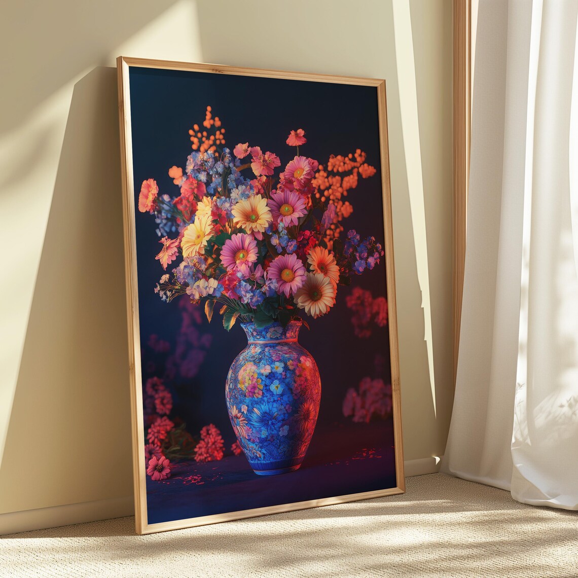 Glowing Pastel Wildflower Bouquet Blue Floral Vase Dark Moody Poster - Image 5