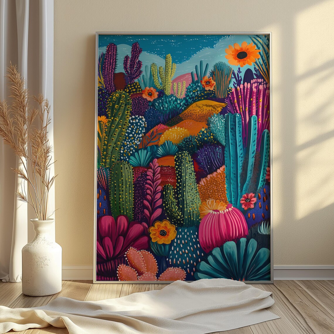 Colorful Cactus Garden Night Sky Blooming Succulents Whimsical Botanical Poster - Image 4