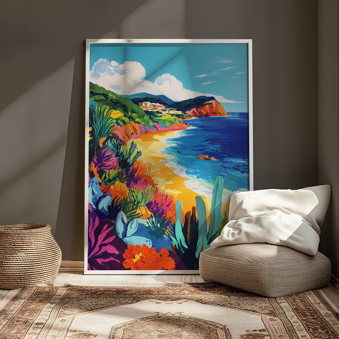 Colorful Coastal Beach Golden Sand Blue Sea Green Hills Cliff View Landscape Poster - Image 4