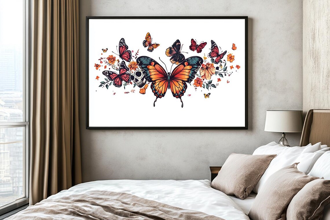 Day of the Dead Butterflies Watercolor Floral Sugar Skull Style Poster - Image 2