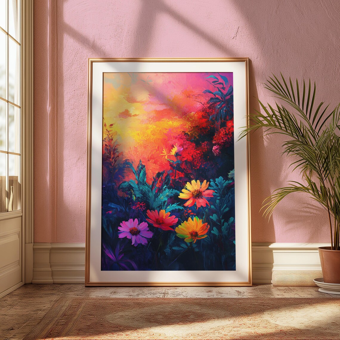 Wildflowers At Fiery Sunset Dramatic Pink Sky Colorful Floral Landscape Poster - Image 2