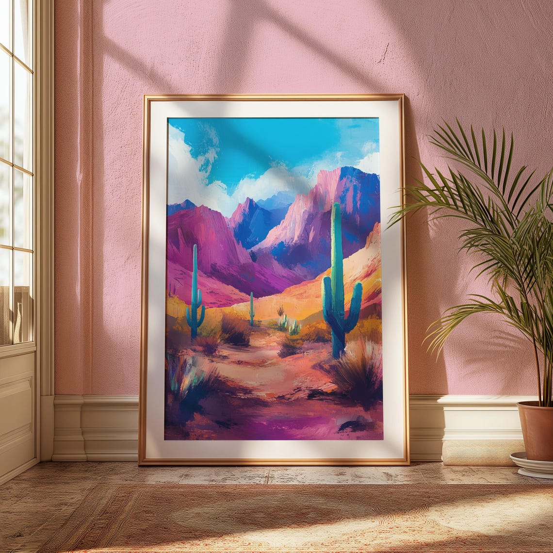 Desert Saguaro Cacti Pink Canyon Mountains Teal Sky Art Print - Image 2