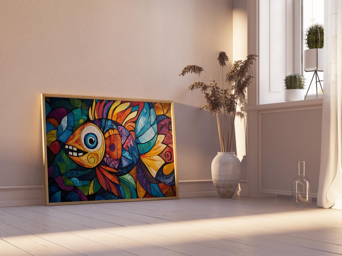 Cubist Mosaic Fish Painting Geometric Colorful Scales Bold Wall Art Print - Image 2