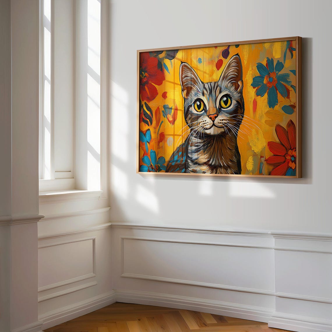 Tabby Cat Portrait Golden Yellow Background Red Blue Flowers Poster - Image 3