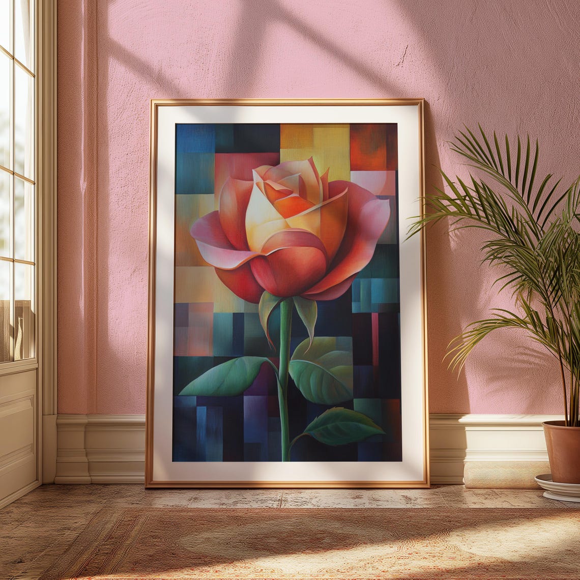 Red Orange Rose Cubist Color Block Modern Garden Floral Poster - Image 2