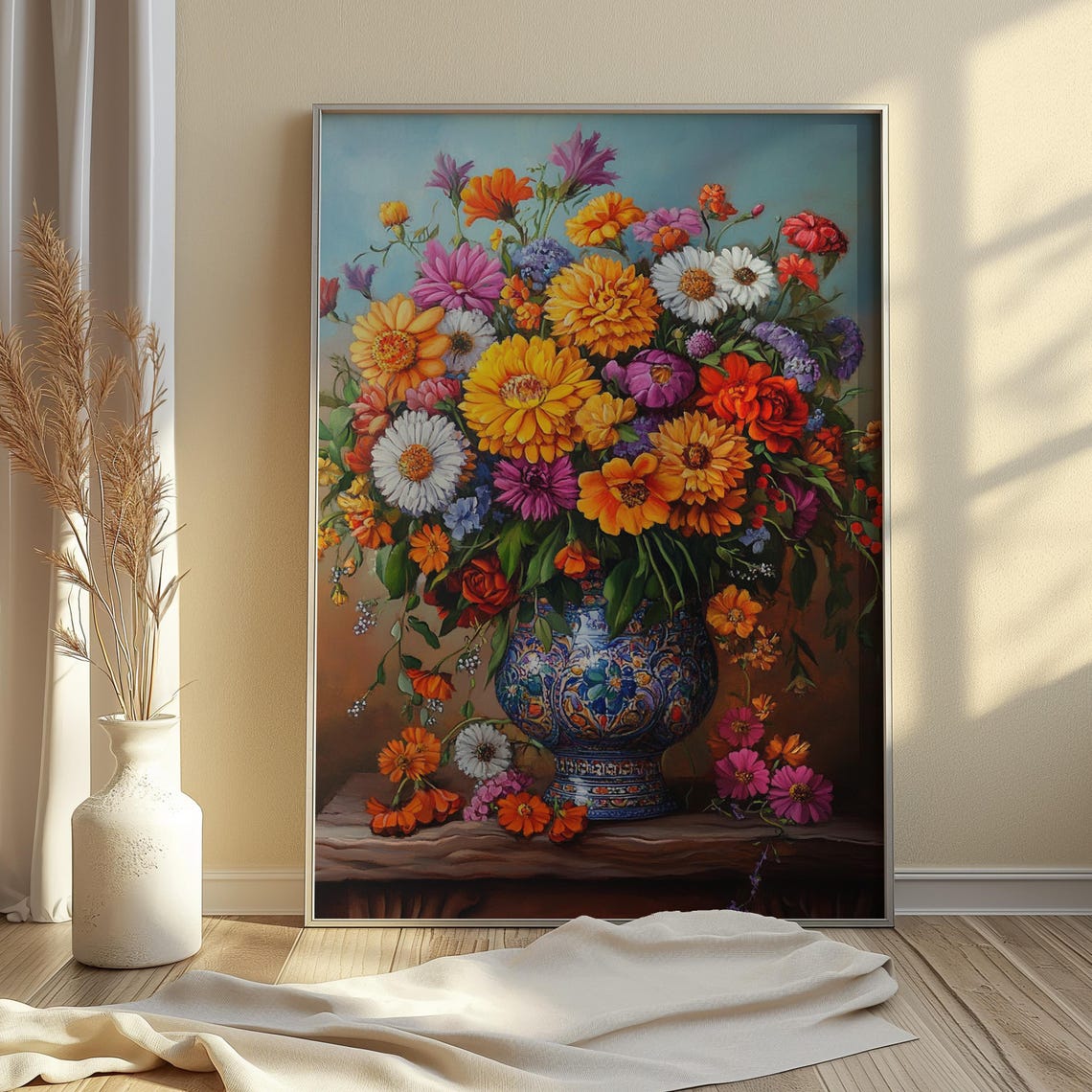 Wildflower Garden Bouquet Blue Talavera Vase Rustic Ledge Warm Poster - Image 3