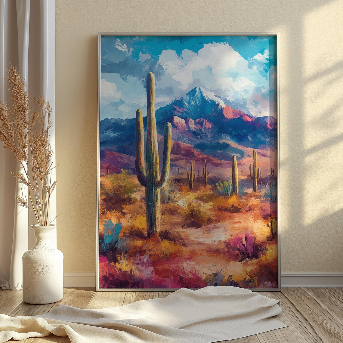Mexican Desert Saguaro Cactus Snow Capped Mountain Colorful Landscape Poster - Image 4