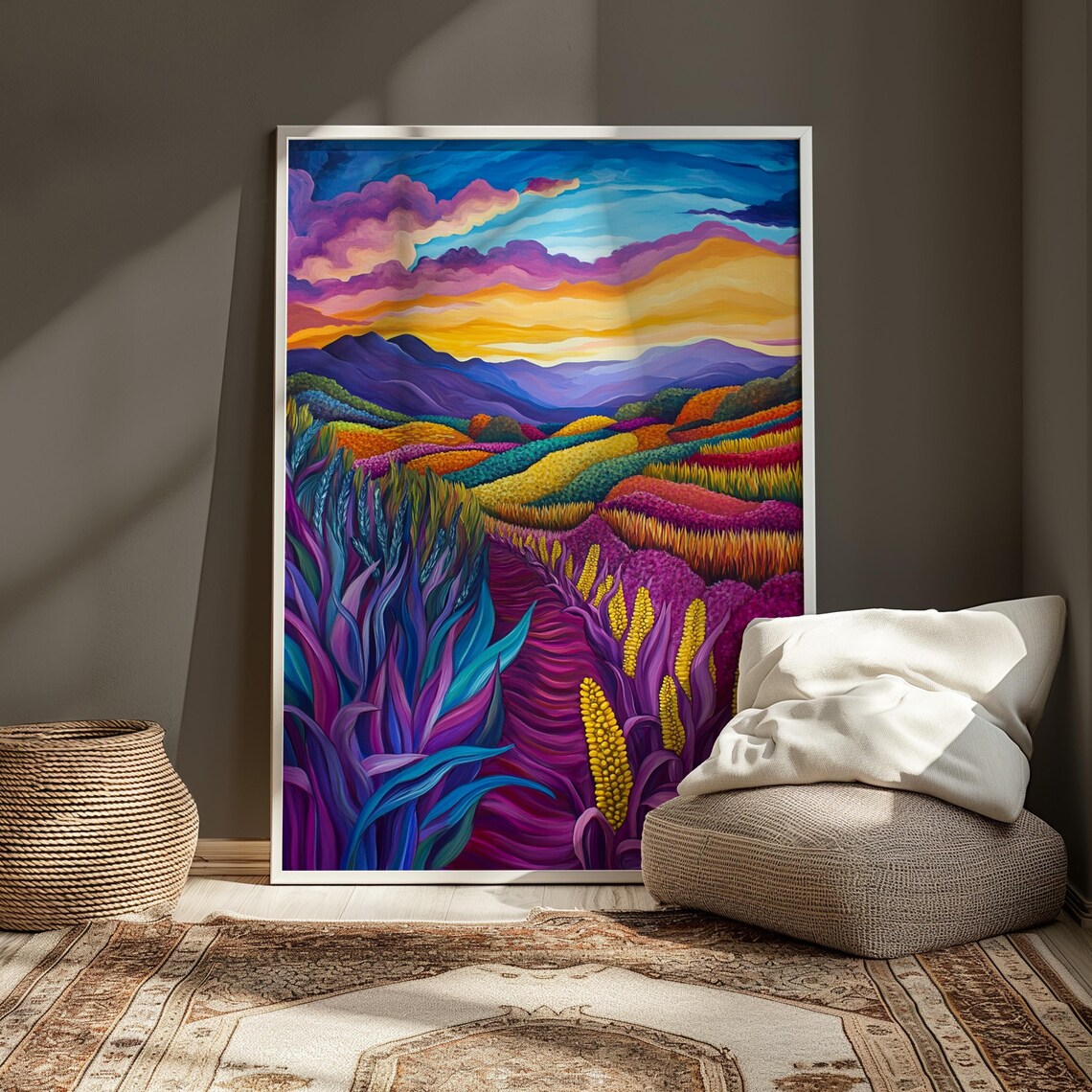 Purple Corn Field Sunset Golden Ears Rainbow Crop Rows Colorful Landscape Poster - Image 3