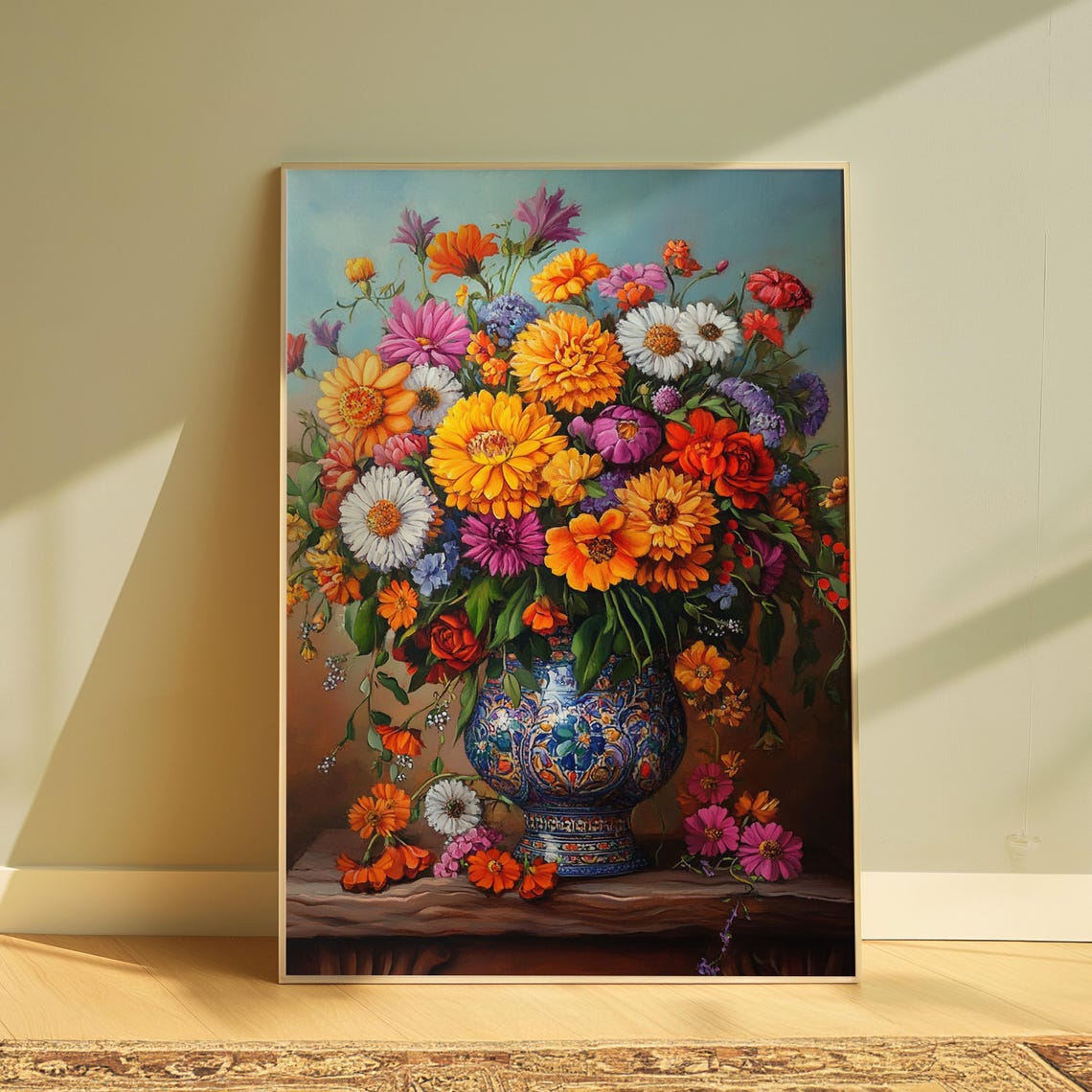 Wildflower Garden Bouquet Blue Talavera Vase Rustic Ledge Warm Poster