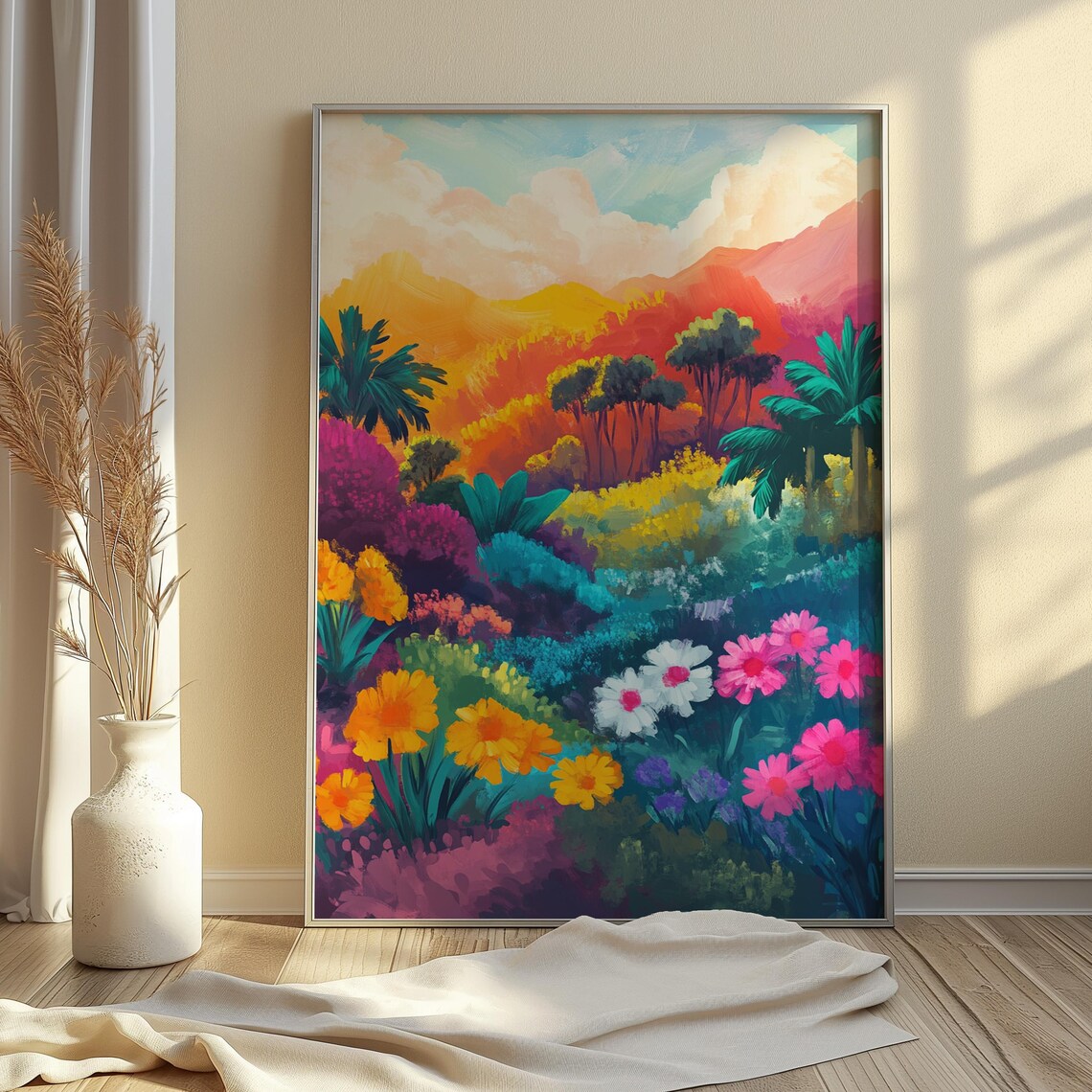 Tropical Garden Daisies Palm Trees Sunset Hills Lush Paradise Wall Art Poster - Image 4