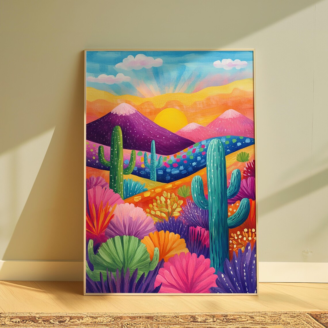 Naive Desert Cacti Pink Mountain Peaks Golden Sun Playful Folk Art Poster