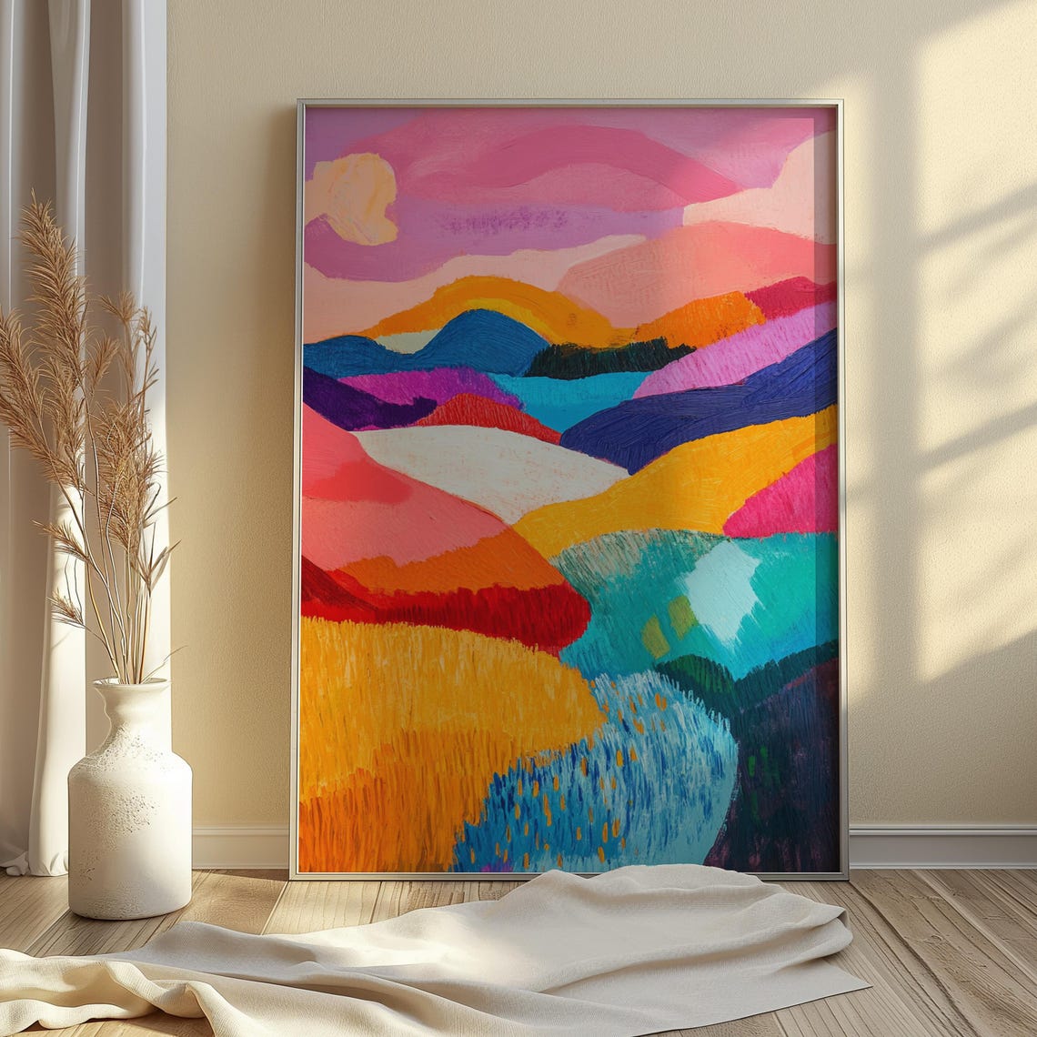 Abstract Colorful Rolling Hills Lake Sunset Landscape Art Print - Image 4