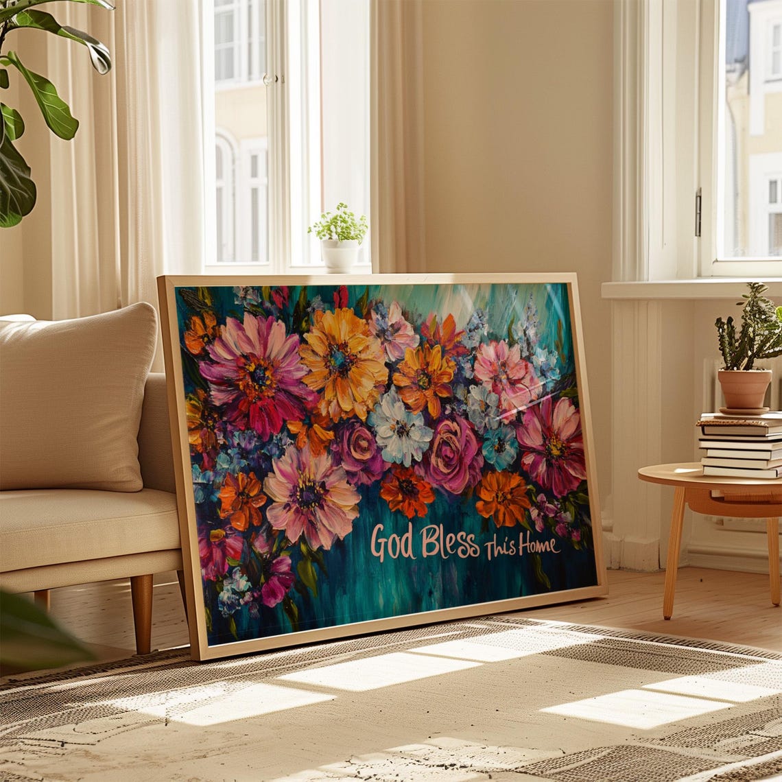 God Bless This Home Daisy Bouquet Deep Teal Floral Quote Poster - Image 4