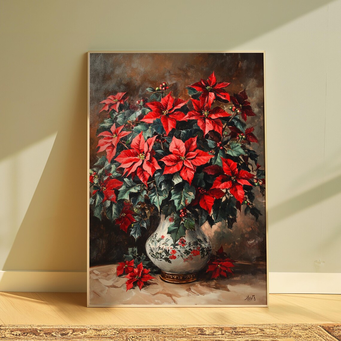 Red Poinsettia White Floral Vase Dark Background Christmas Poster