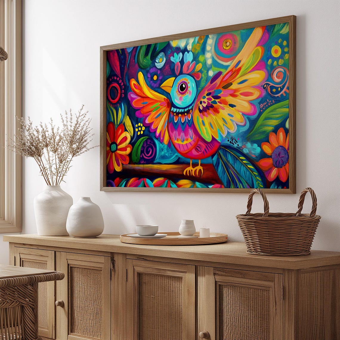 Rainbow Winged Folk Bird Big Eye Teal Floral Garden Meadow Poster