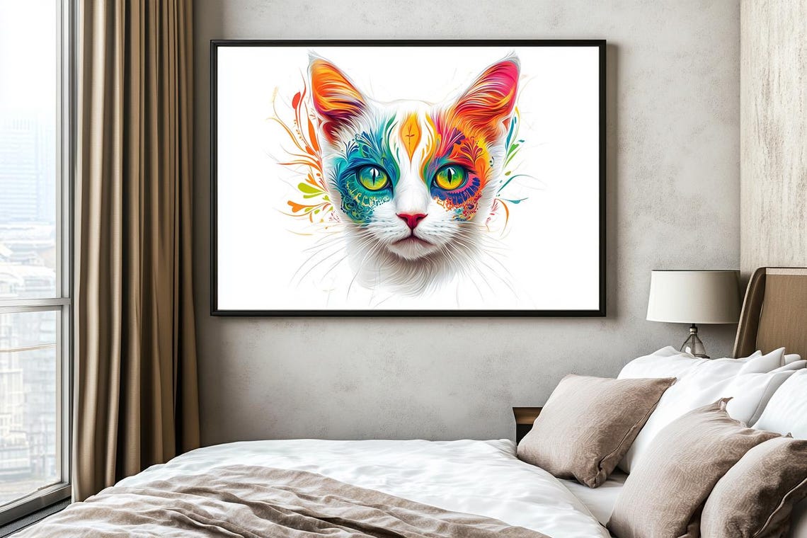 White Cat With Rainbow Watercolor Splash Portrait Art Poster - Image 2