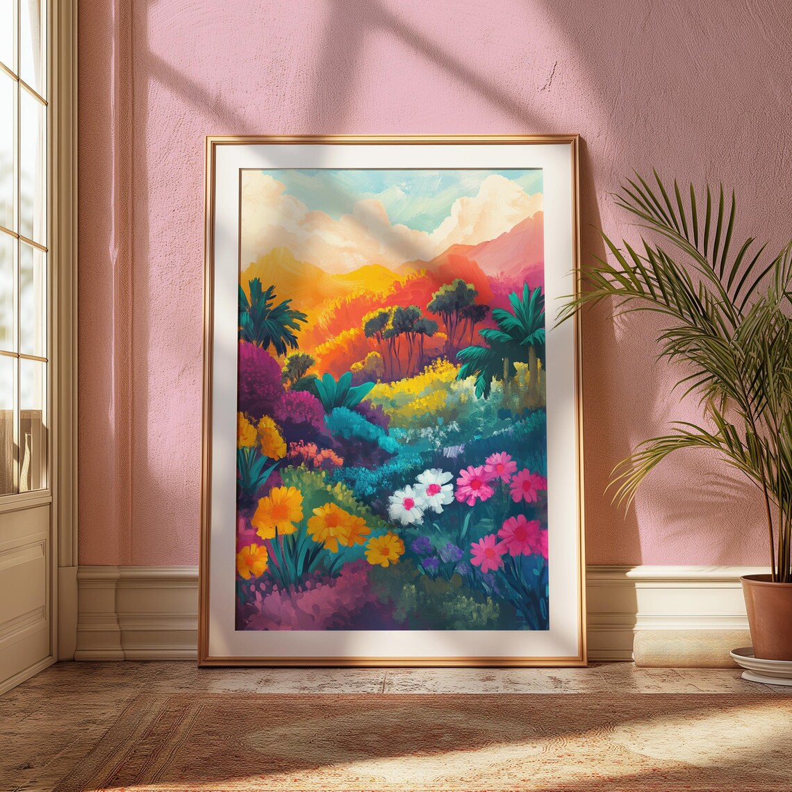 Tropical Garden Daisies Palm Trees Sunset Hills Lush Paradise Wall Art Poster - Image 2