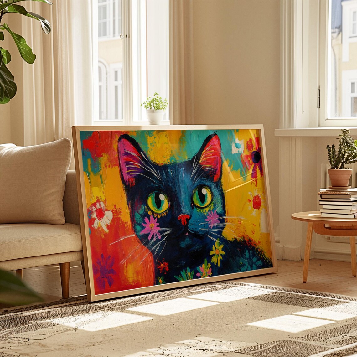 Black Cat With Painted Flowers Big Green Eyes Abstract Fiery Art Poster - Image 4