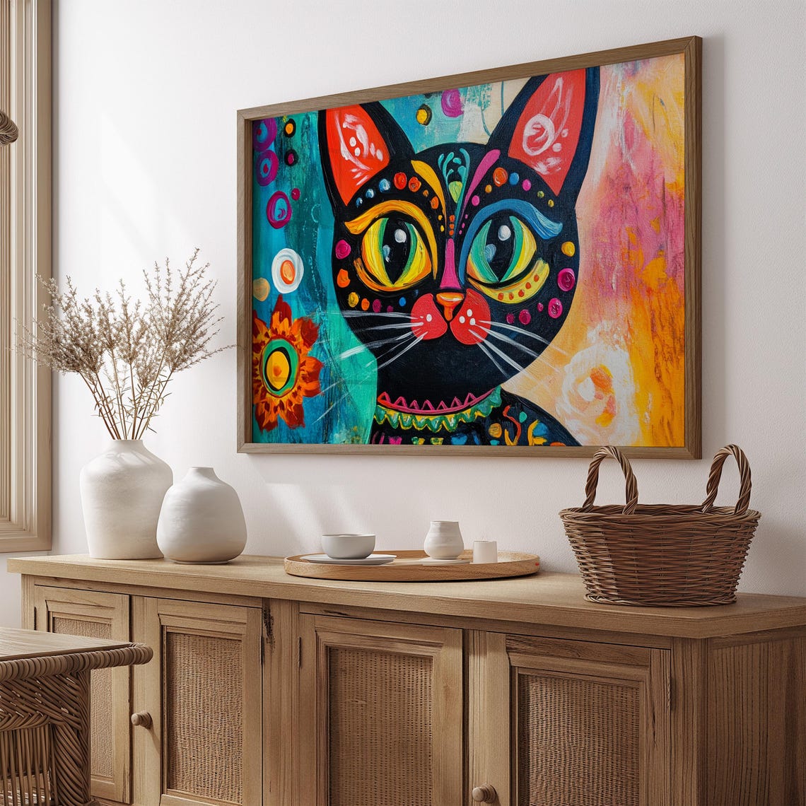 Black Cat With Green Eyes Red Cheek Patterns Bold Folk Poster