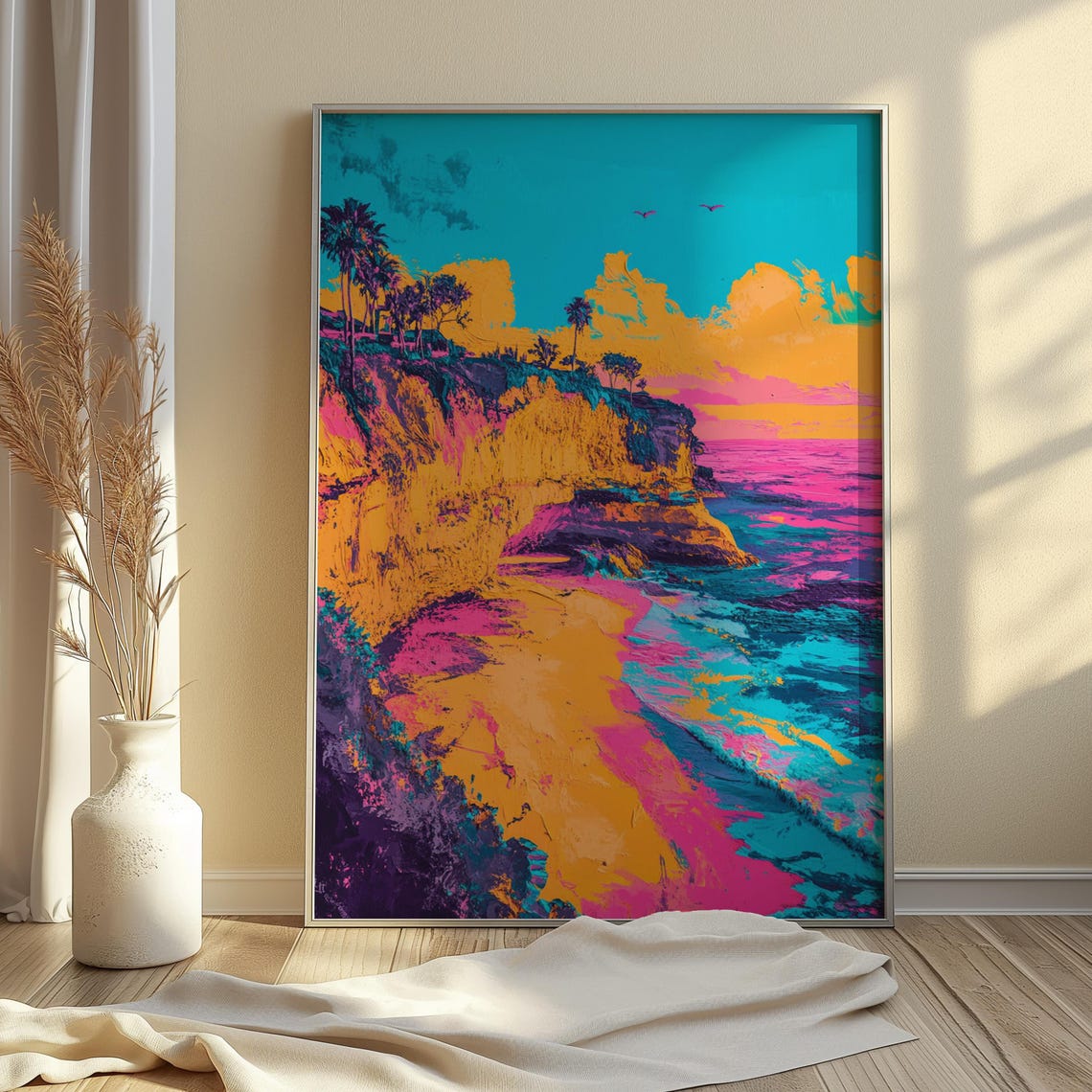 Colorful Tropical Ocean Cliff Palm Trees Sunset Pop Art Beach Poster - Image 4