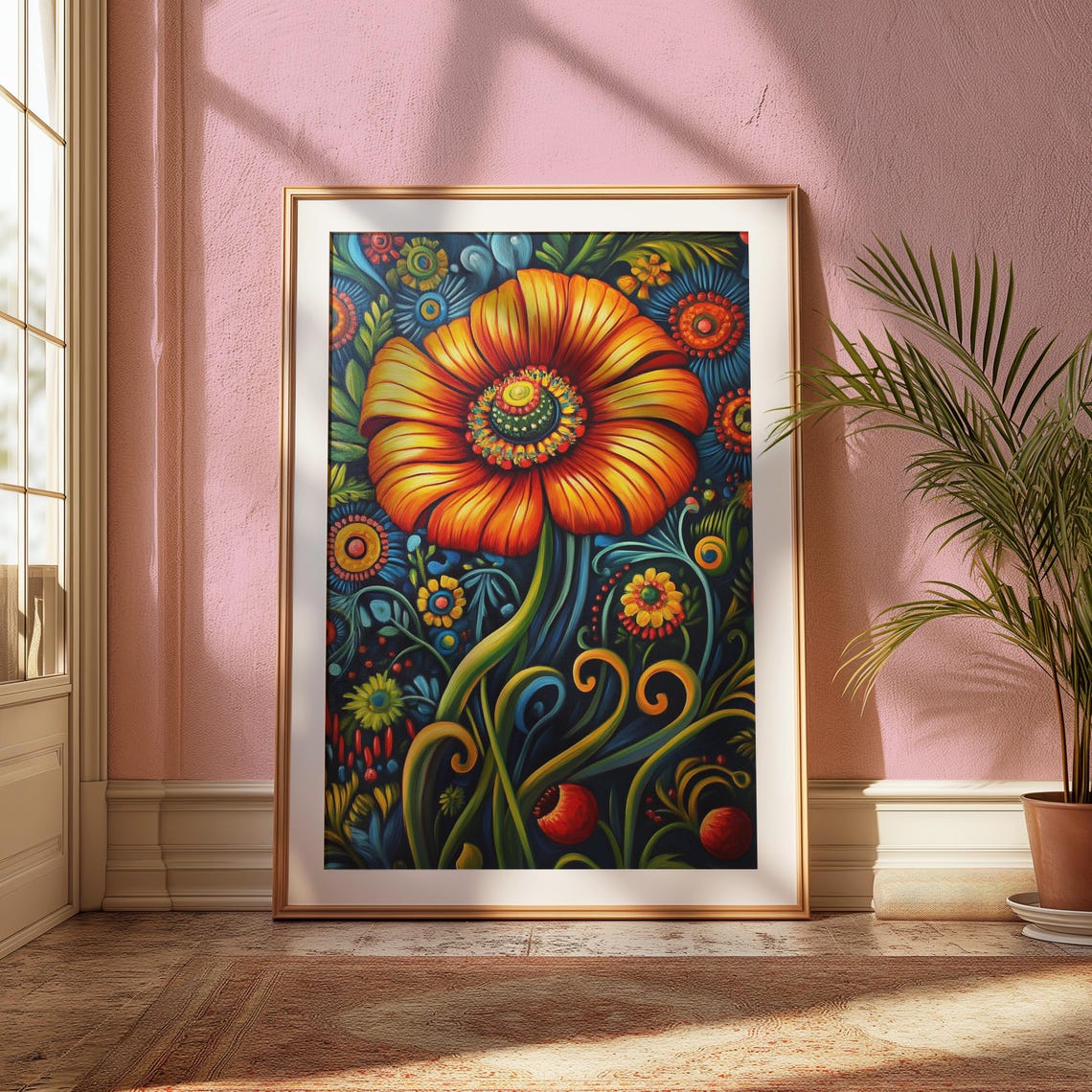 Giant Orange Daisy Detailed Center Blue Night Garden Bloom Poster - Image 2