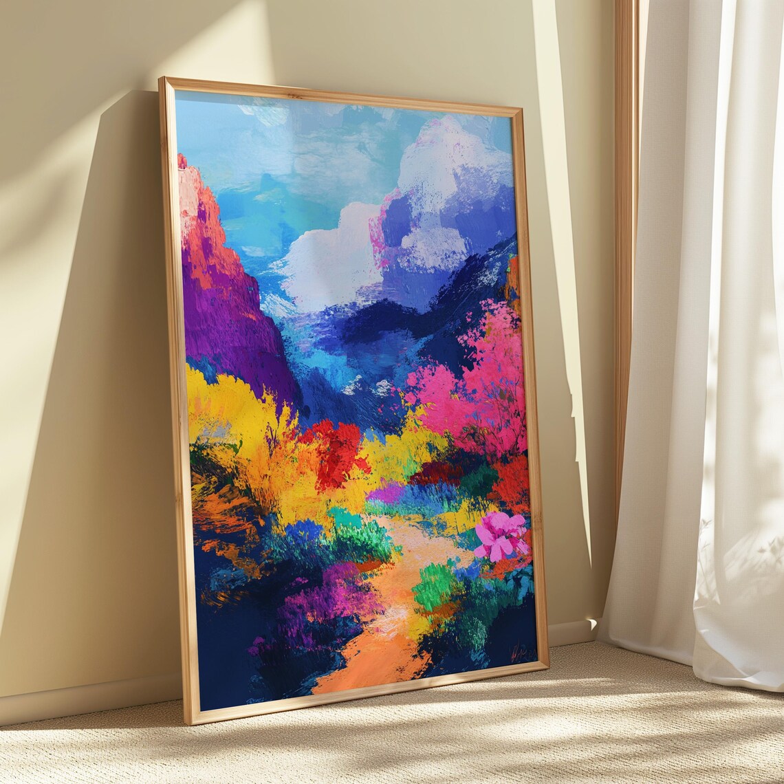 Dramatic Colorful Canyon Purple Cliffs Pink Bushes Cloudy Turquoise Sky Poster - Image 5