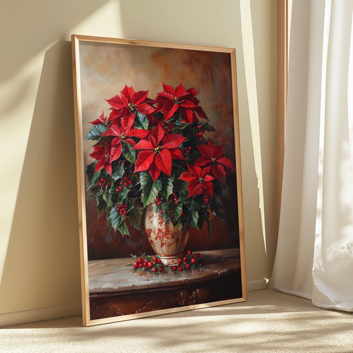 Red Poinsettia Holly Cream Vase Marble Table Christmas Poster - Image 5
