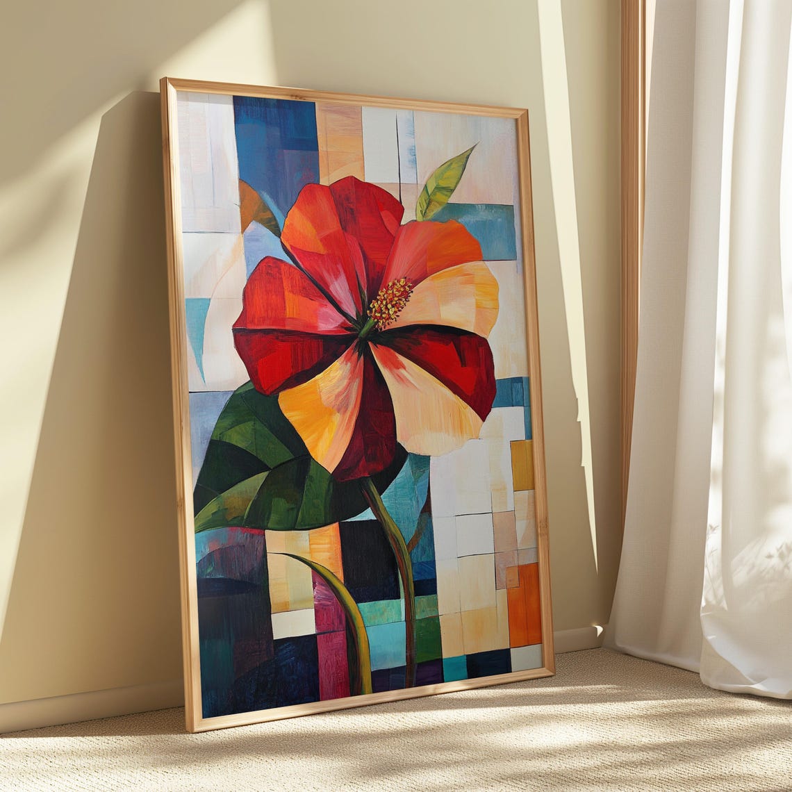 Hibiscus Bloom Patchwork Mosaic Light Background Floral Art Poster - Image 5
