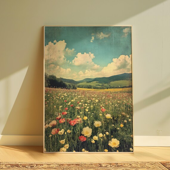 Wildflower Meadow Red Yellow Poppies Forested Hills Teal Sky Art Poster