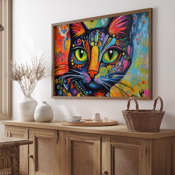 Psychedelic Cat Face Close Up Neon Swirls Big Green Eyes Trippy Poster