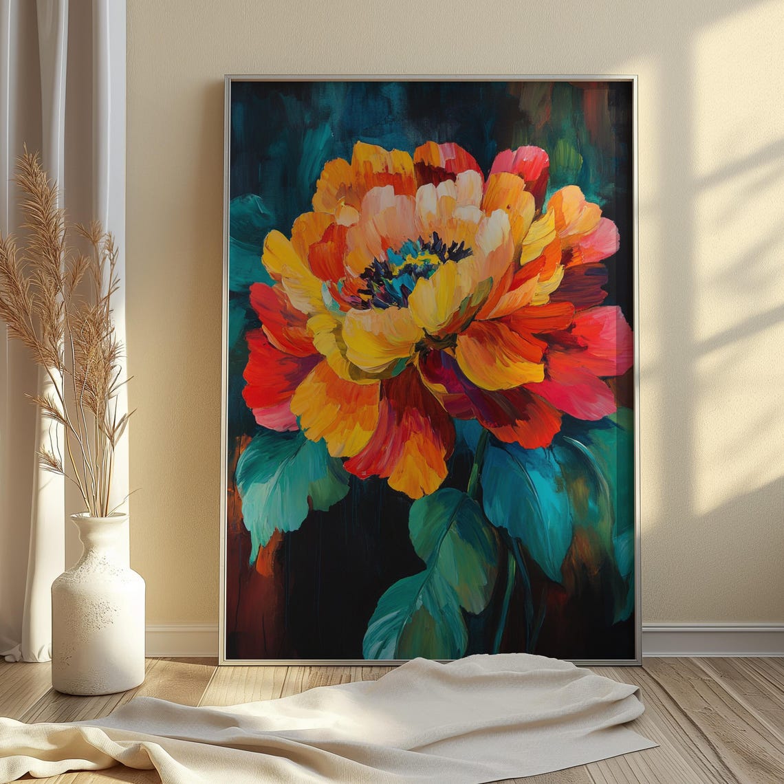 Sunset Peony Bloom Dark Teal Background Impressionist Floral Poster - Image 4